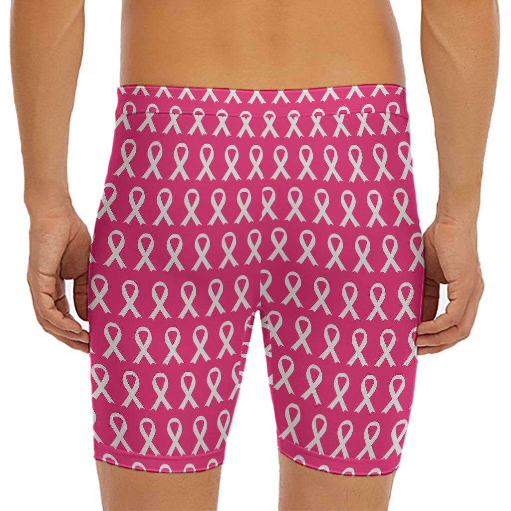 White And Pink Breast Cancer Print Men's Long Boxer Briefs
