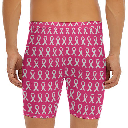 White And Pink Breast Cancer Print Men's Long Boxer Briefs