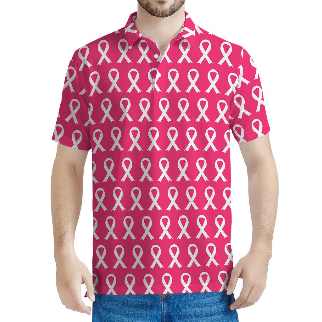 White And Pink Breast Cancer Print Men's Polo Shirt