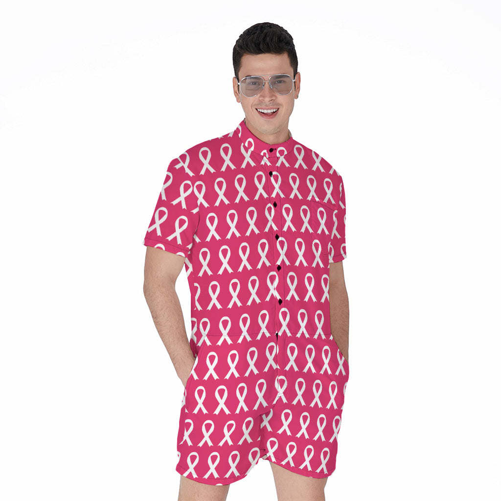 White And Pink Breast Cancer Print Men's Rompers