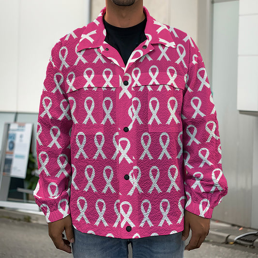 White And Pink Breast Cancer Print Men's Shirt Jacket