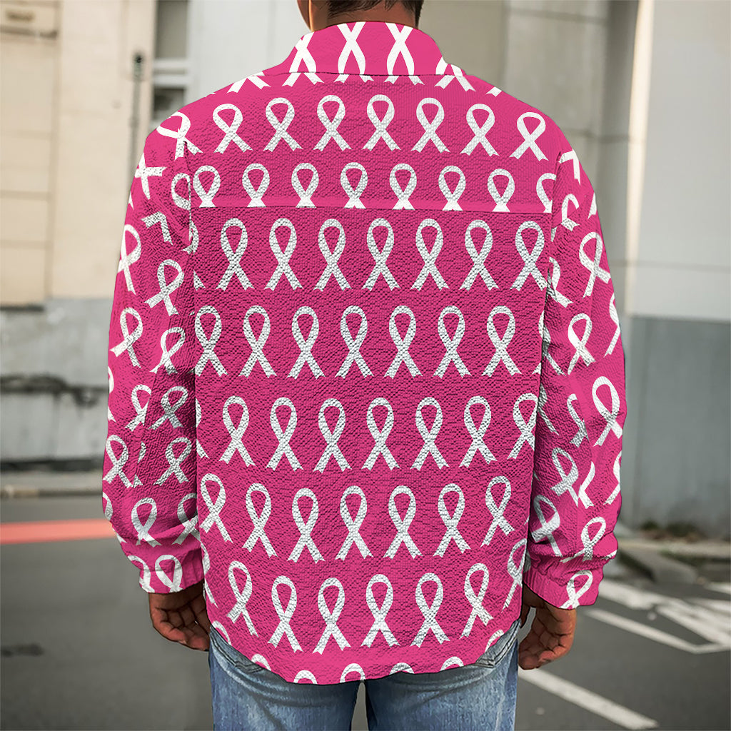 White And Pink Breast Cancer Print Men's Shirt Jacket