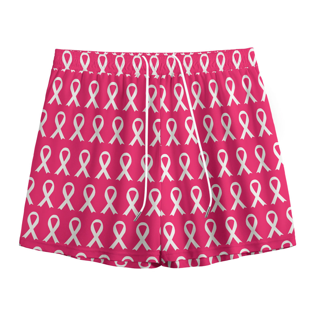 White And Pink Breast Cancer Print Mesh Shorts