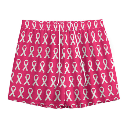 White And Pink Breast Cancer Print Mesh Shorts