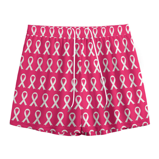 White And Pink Breast Cancer Print Mesh Shorts