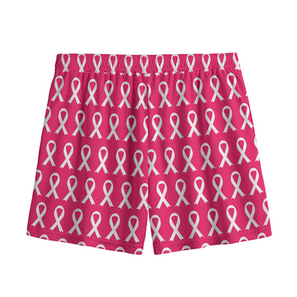 White And Pink Breast Cancer Print Mesh Shorts