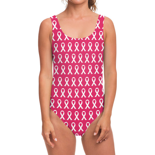 White And Pink Breast Cancer Print One Piece Swimsuit