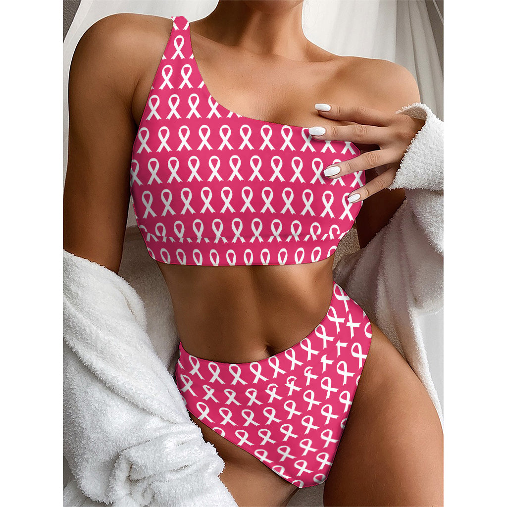 White And Pink Breast Cancer Print One Shoulder Bikini Top