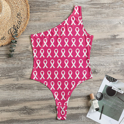 White And Pink Breast Cancer Print One Shoulder Bodysuit