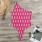 White And Pink Breast Cancer Print One Shoulder Bodysuit