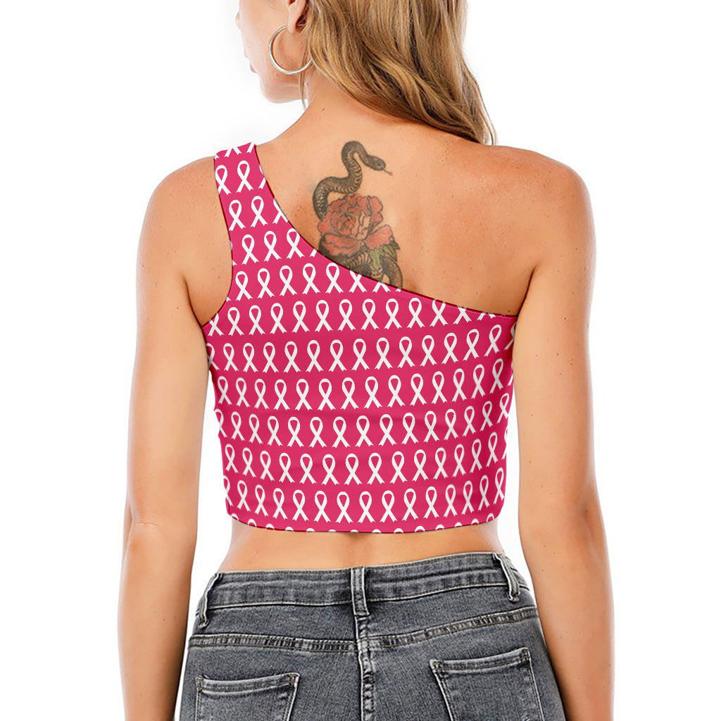 White And Pink Breast Cancer Print One Shoulder Crop Top