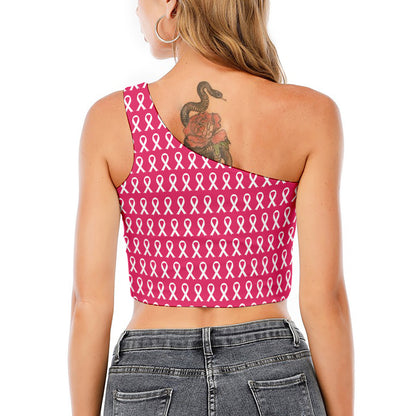 White And Pink Breast Cancer Print One Shoulder Crop Top