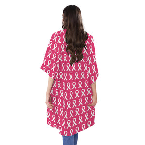 White And Pink Breast Cancer Print Open Front Beach Cover Up