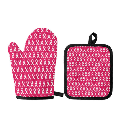 White And Pink Breast Cancer Print Oven Mitt And Pot Holder Set