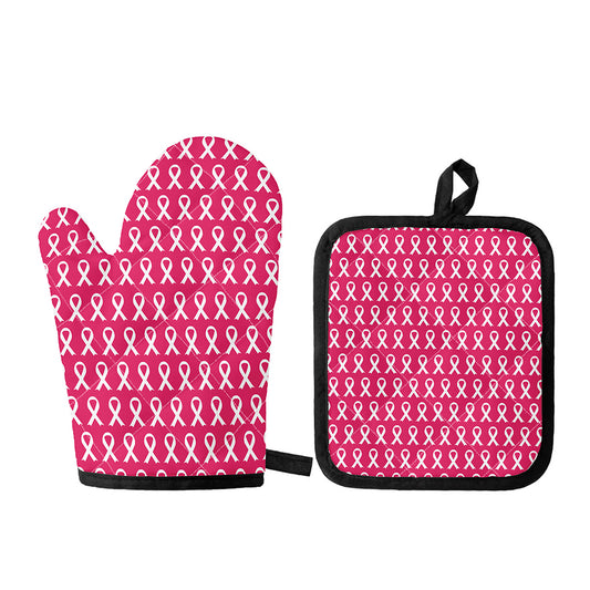 White And Pink Breast Cancer Print Oven Mitt And Pot Holder Set