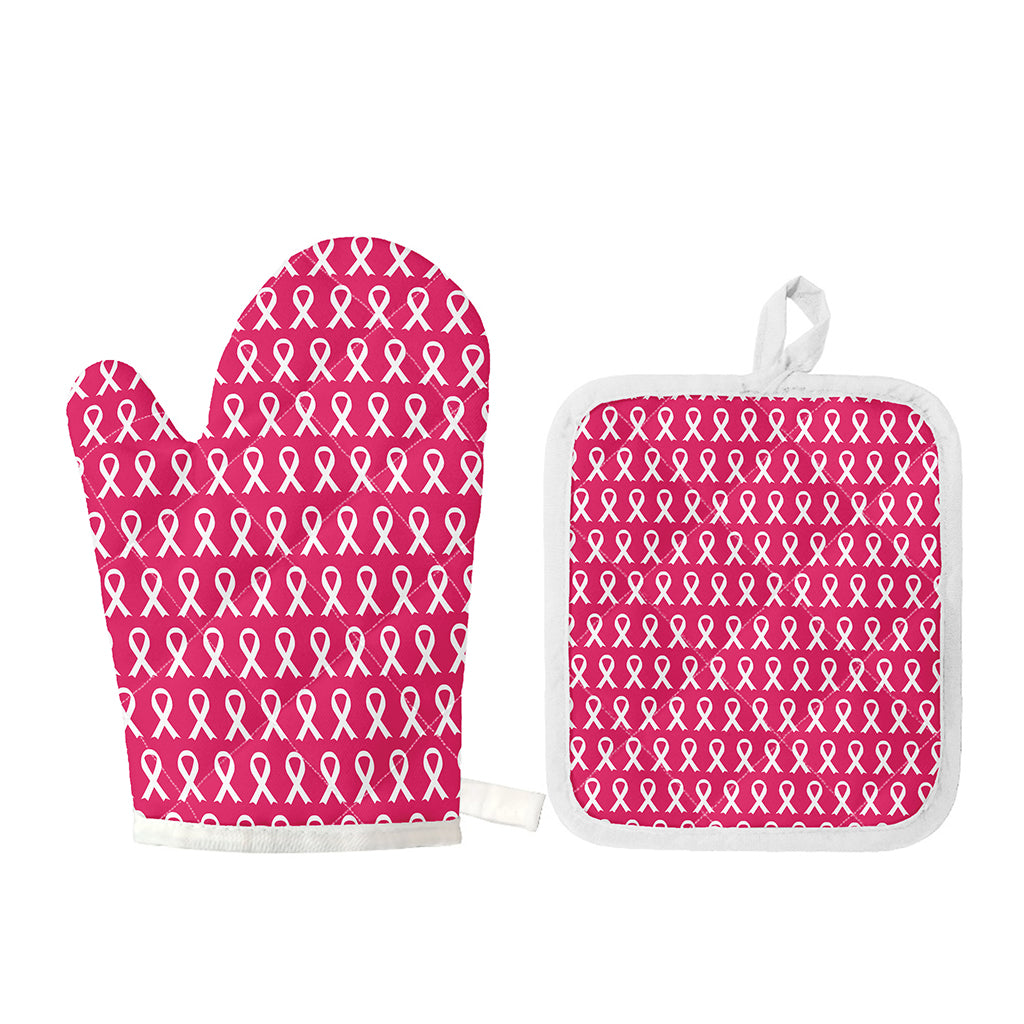 White And Pink Breast Cancer Print Oven Mitt And Pot Holder Set