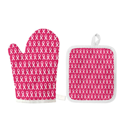 White And Pink Breast Cancer Print Oven Mitt And Pot Holder Set