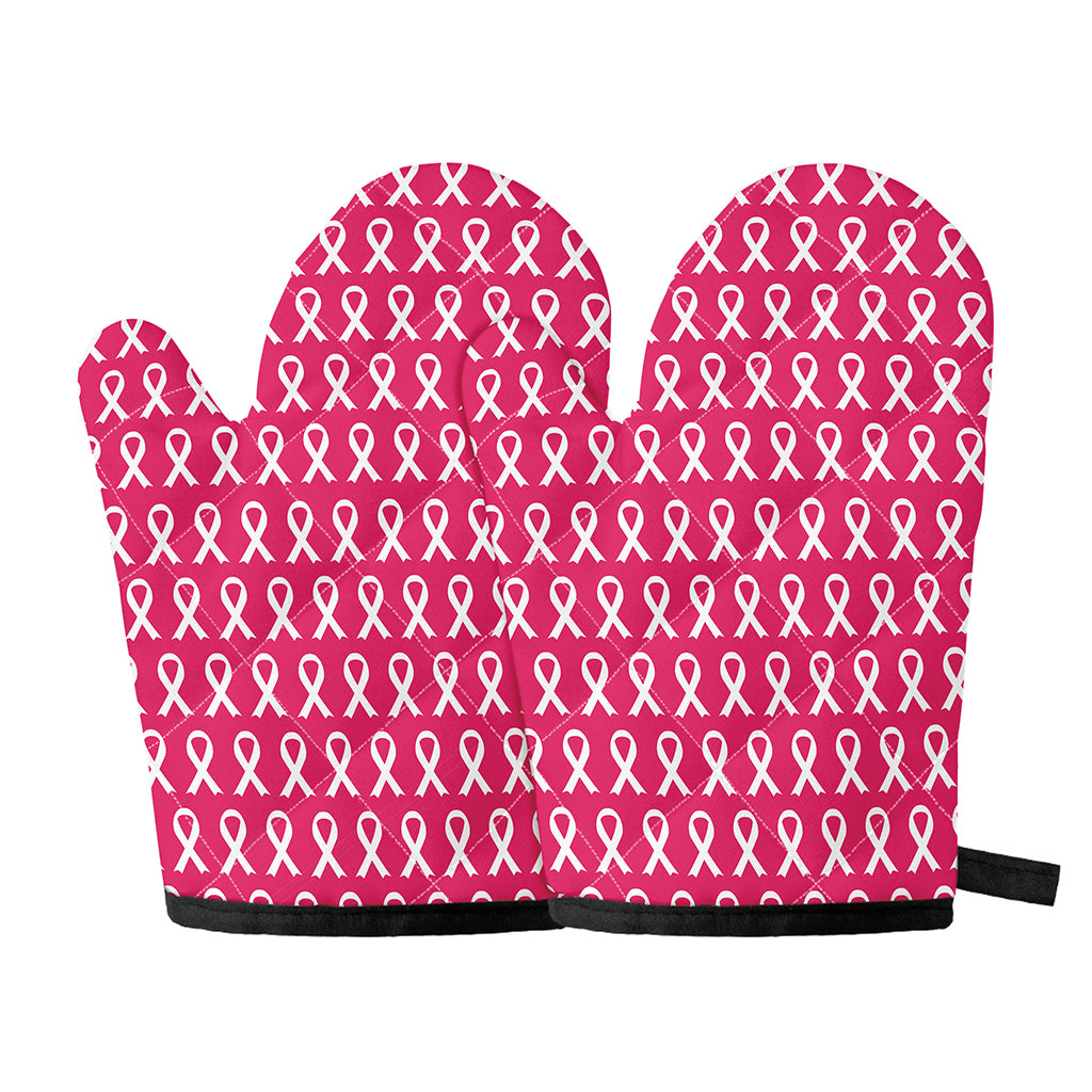 White And Pink Breast Cancer Print Oven Mitts