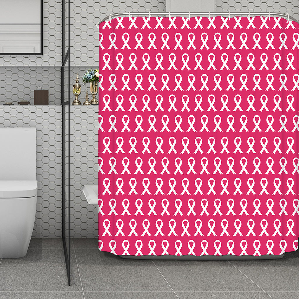White And Pink Breast Cancer Print Polyester Shower Curtain