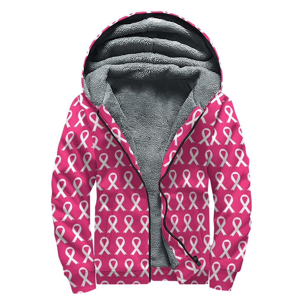 White And Pink Breast Cancer Print Sherpa Lined Zip Up Hoodie