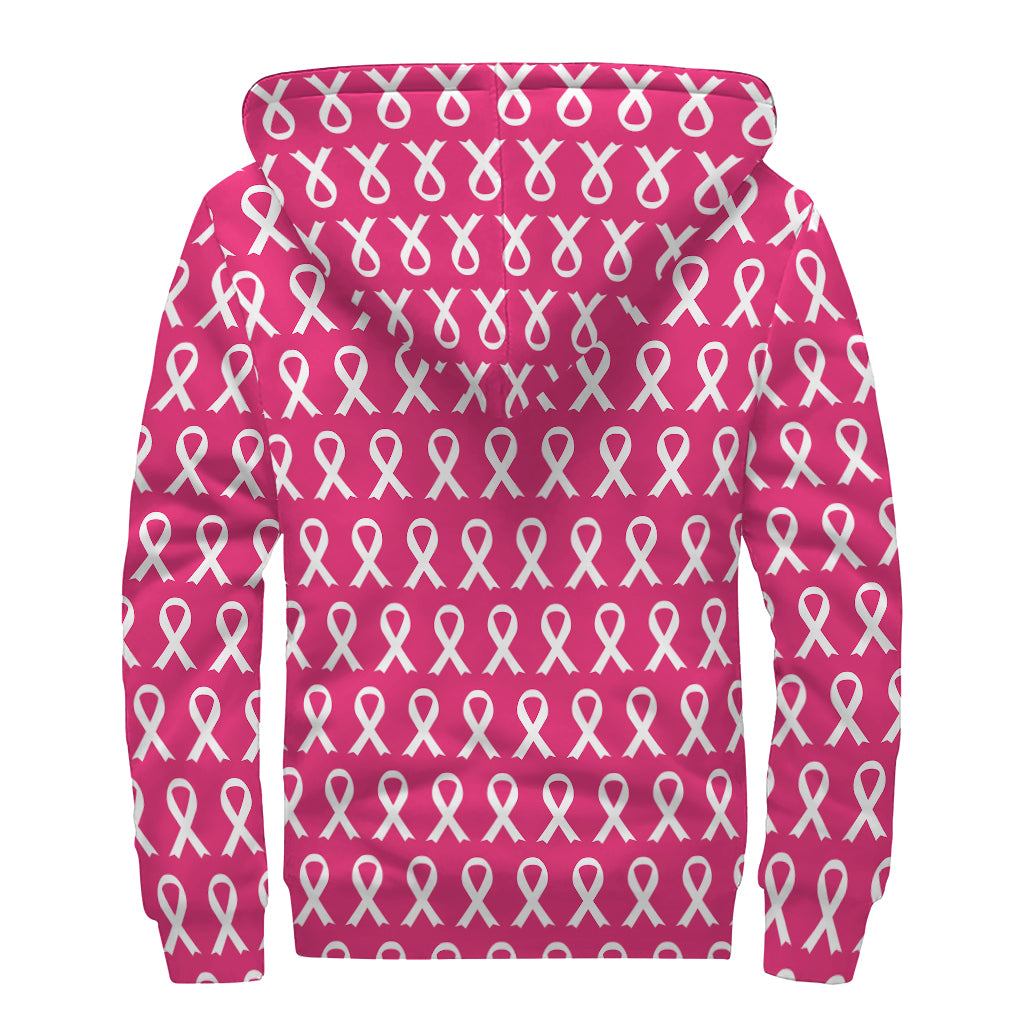 White And Pink Breast Cancer Print Sherpa Lined Zip Up Hoodie