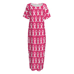 White And Pink Breast Cancer Print Short Sleeve Long Nightdress