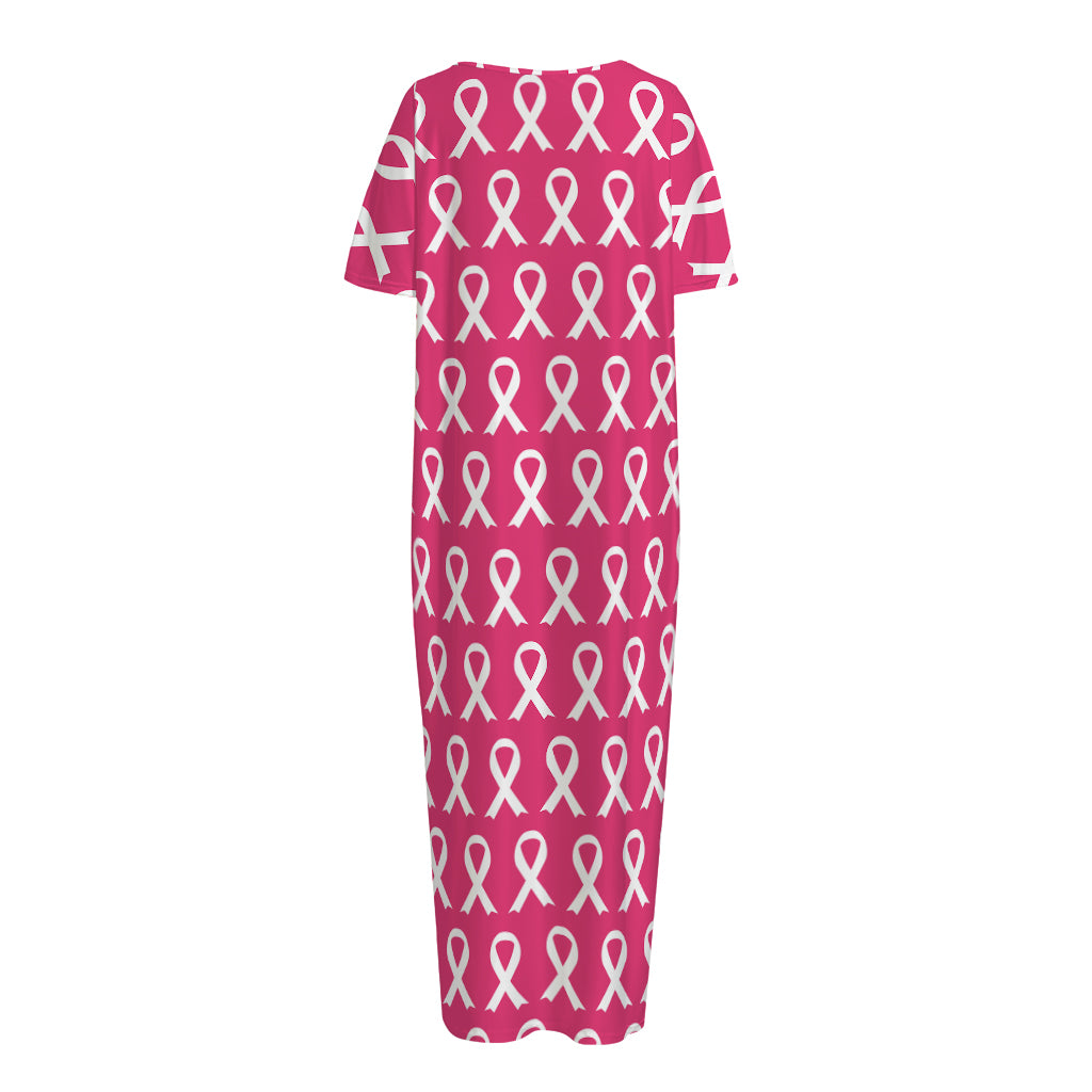 White And Pink Breast Cancer Print Short Sleeve Long Nightdress