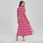 White And Pink Breast Cancer Print Short Sleeve Maxi Dress