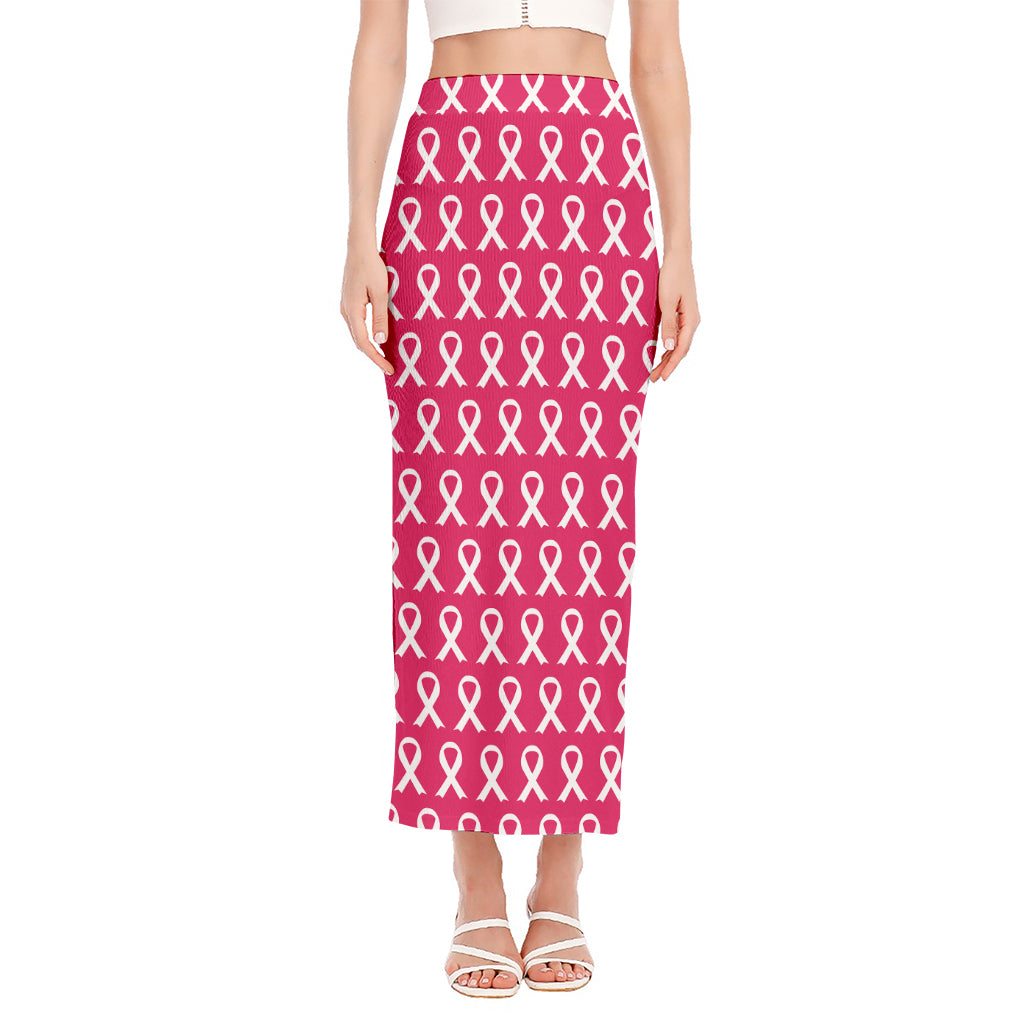 White And Pink Breast Cancer Print Side Slit Maxi Skirt