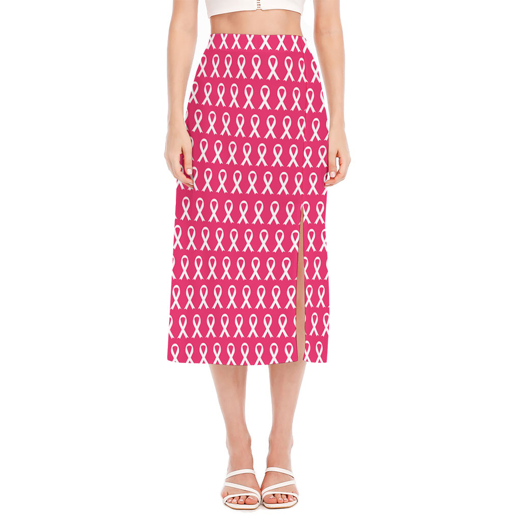 White And Pink Breast Cancer Print Side Slit Midi Skirt