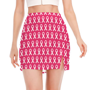 White And Pink Breast Cancer Print Side Slit Mini Skirt