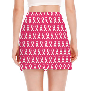 White And Pink Breast Cancer Print Side Slit Mini Skirt