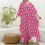 White And Pink Breast Cancer Print Silk V-Neck Kaftan Dress