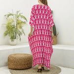 White And Pink Breast Cancer Print Silk V-Neck Kaftan Dress