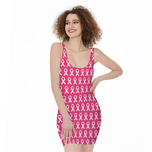 White And Pink Breast Cancer Print Sleeveless Bodycon Dress
