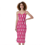 White And Pink Breast Cancer Print Slim Fit Midi Cami Dress