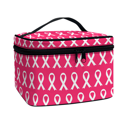 White And Pink Breast Cancer Print Travel Makeup Bag