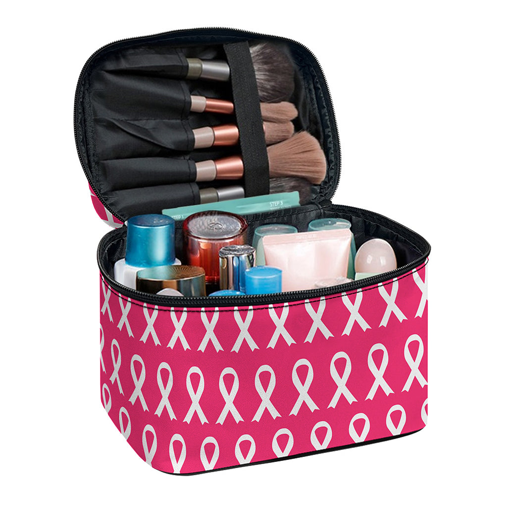 White And Pink Breast Cancer Print Travel Makeup Bag