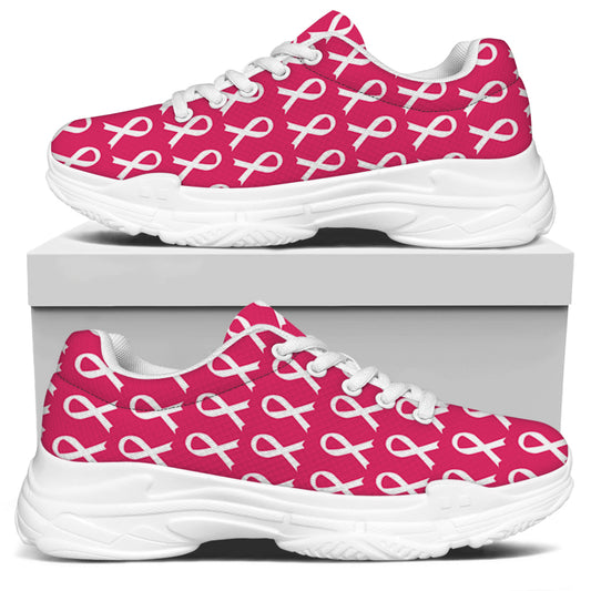 White And Pink Breast Cancer Print White Chunky Shoes