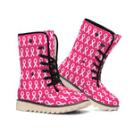 White And Pink Breast Cancer Print Winter Boots