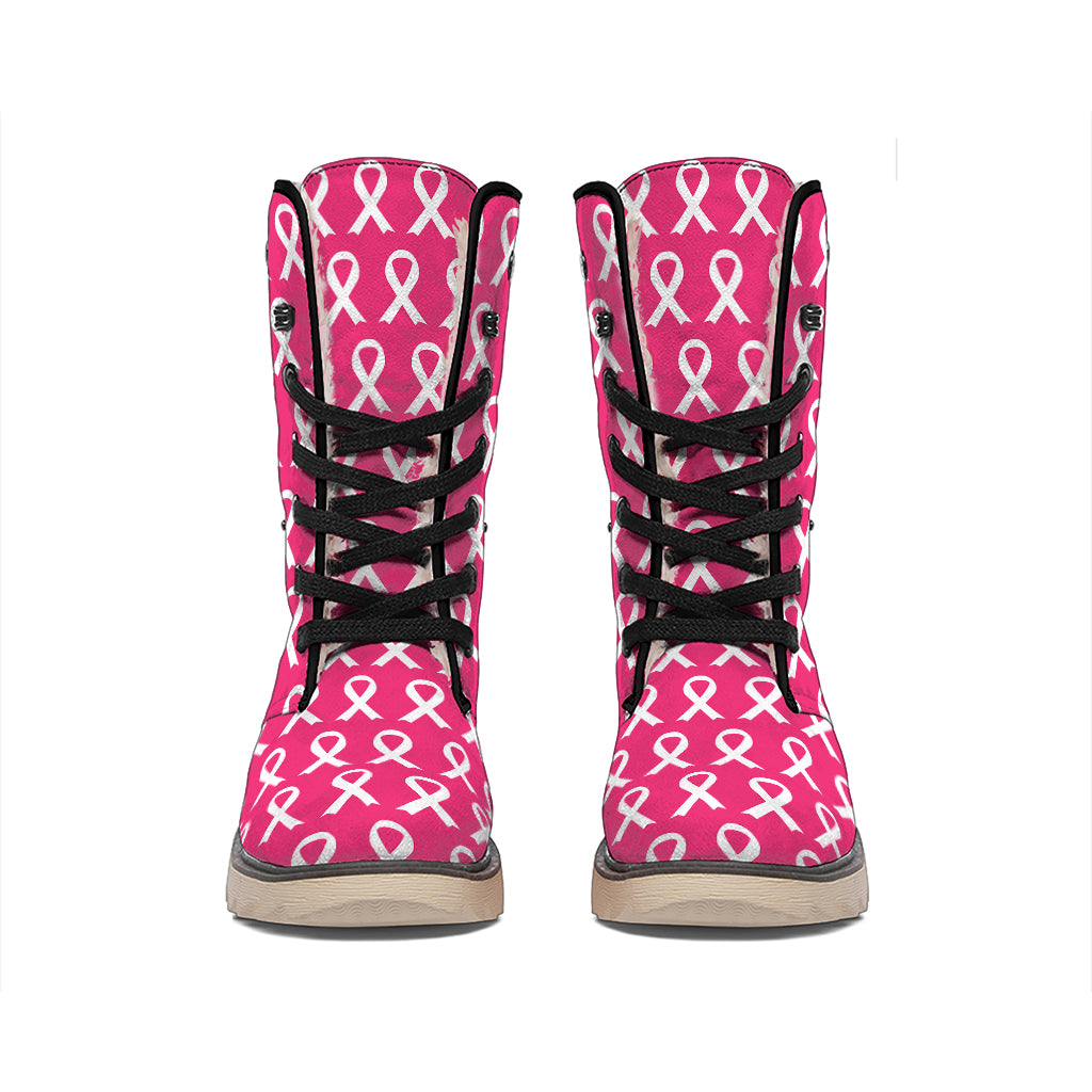 White And Pink Breast Cancer Print Winter Boots