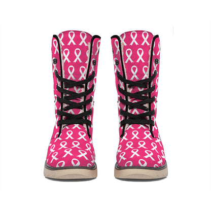 White And Pink Breast Cancer Print Winter Boots