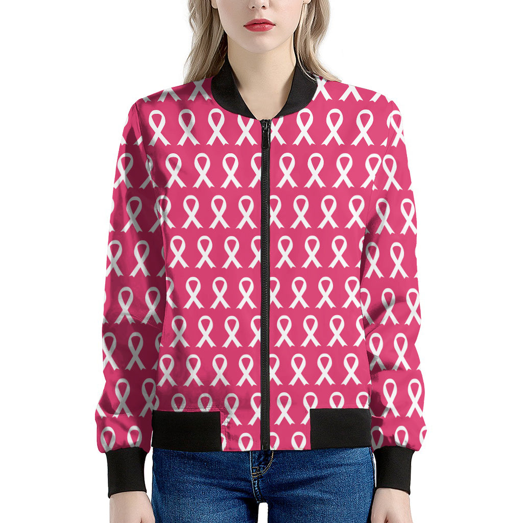 White And Pink Breast Cancer Print Women's Bomber Jacket