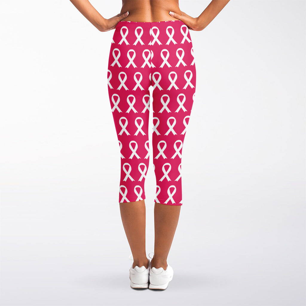 White And Pink Breast Cancer Print Women's Capri Leggings