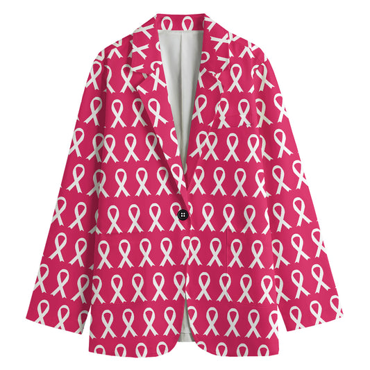 White And Pink Breast Cancer Print Women's Cotton Blazer
