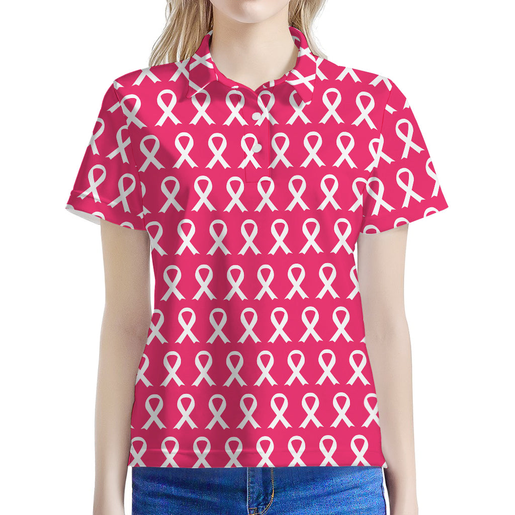 White And Pink Breast Cancer Print Women's Polo Shirt