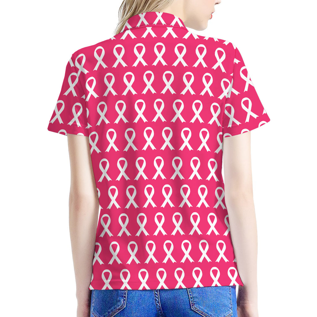 White And Pink Breast Cancer Print Women's Polo Shirt