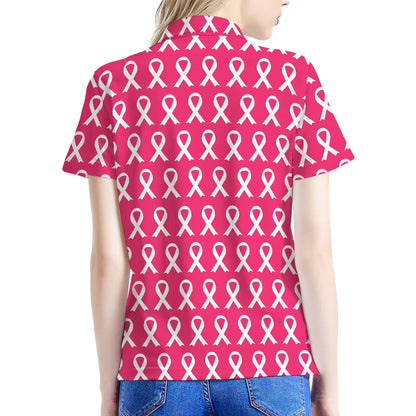 White And Pink Breast Cancer Print Women's Polo Shirt