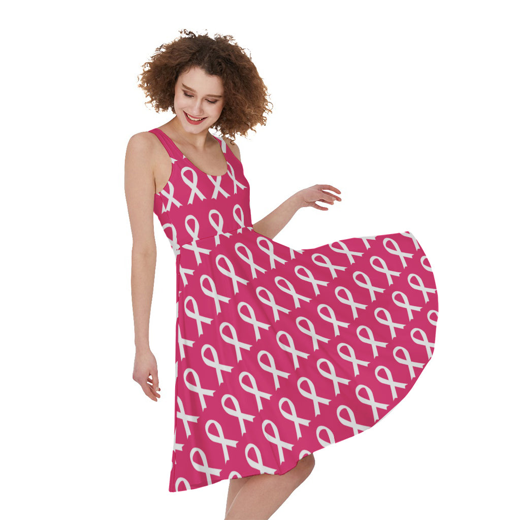 White And Pink Breast Cancer Print Women's Sleeveless Dress