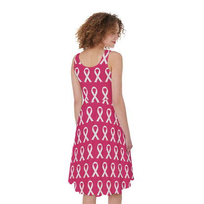 White And Pink Breast Cancer Print Women's Sleeveless Dress